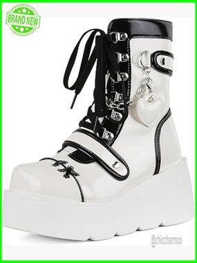 Women's Platform Ankle Boots Wedge Heel Combat Lace Up Goth Rave Boots Chain